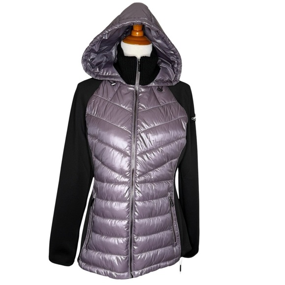 Calvin Klein Womens Purple and Black Mixed Media Hooded Puffer Jacket Size M NWT - Picture 1 of 15
